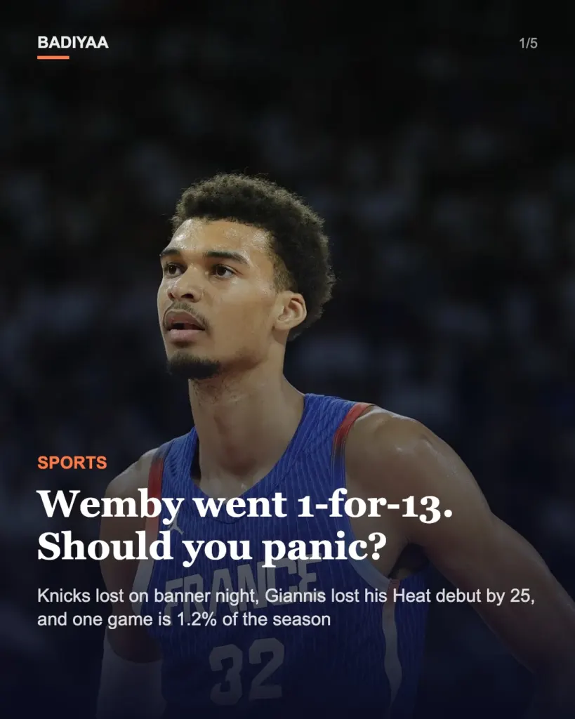 Slide 1 of 5: Wembanyama’s 1-for-13 and Giannis’s 35 in Miami: what the NBA’s opening nights do and do not tell us