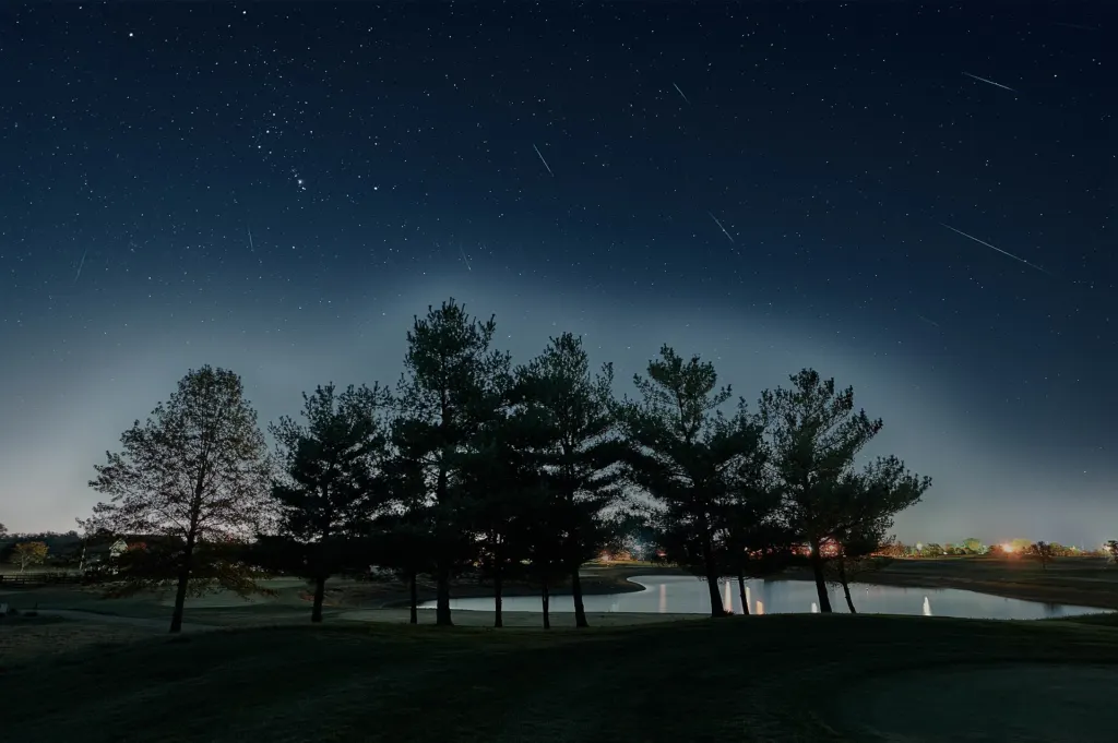 Composite night photo of several Orionid meteor streaks crossing a starry sky above a dark landscape