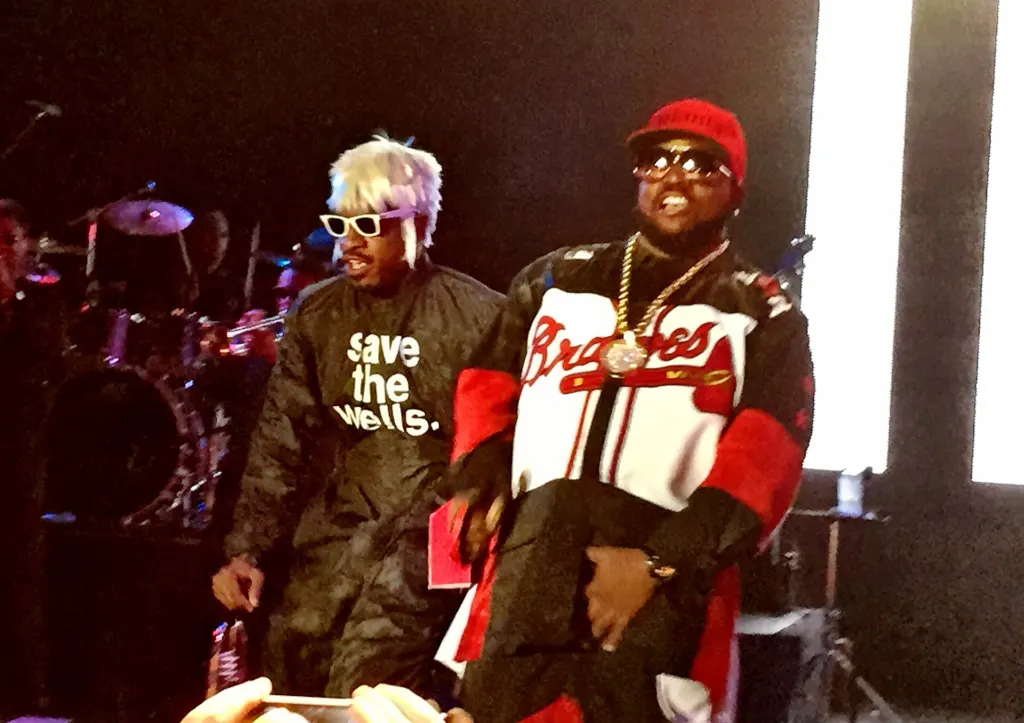 André 3000 and Big Boi of Outkast performing on stage at the Best Buy Theater in Times Square, New York, in 2014
