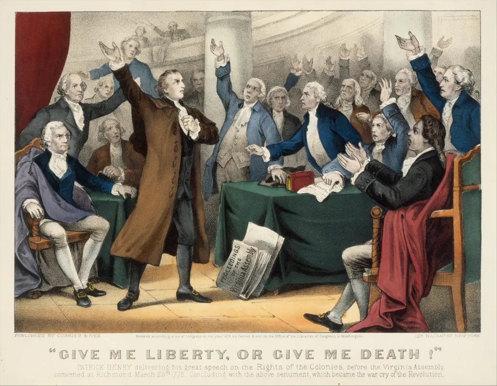1876 Currier and Ives lithograph of Patrick Henry standing with an arm raised as he addresses seated delegates of the Virginia convention