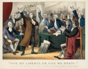 1876 Currier and Ives lithograph of Patrick Henry standing with an arm raised as he addresses seated delegates of the Virginia convention