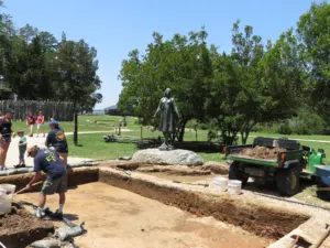 Bronze statue of Pocahontas on a stone pedestal at Historic Jamestowne, Virginia