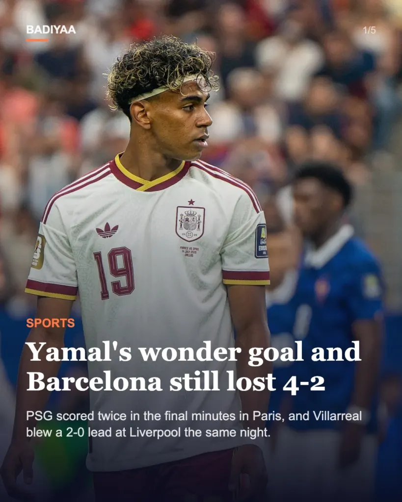 Slide 1 of 5: Lamine Yamal’s late equalizer is not enough as PSG beat Barcelona 4-2 in Paris; Villarreal fall at Liverpool