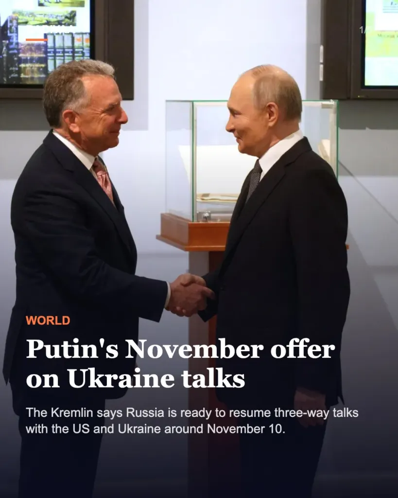 Slide 1 of 5: Putin tells Witkoff Russia is ready to resume three-way Ukraine talks around November 10