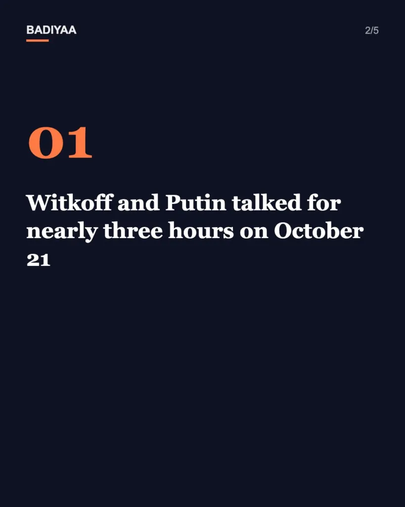 Slide 2 of 5: Putin tells Witkoff Russia is ready to resume three-way Ukraine talks around November 10