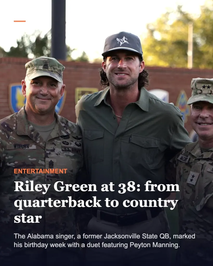Slide 1 of 5: Riley Green turns 38 as the former Jacksonville State quarterback duets with Peyton Manning