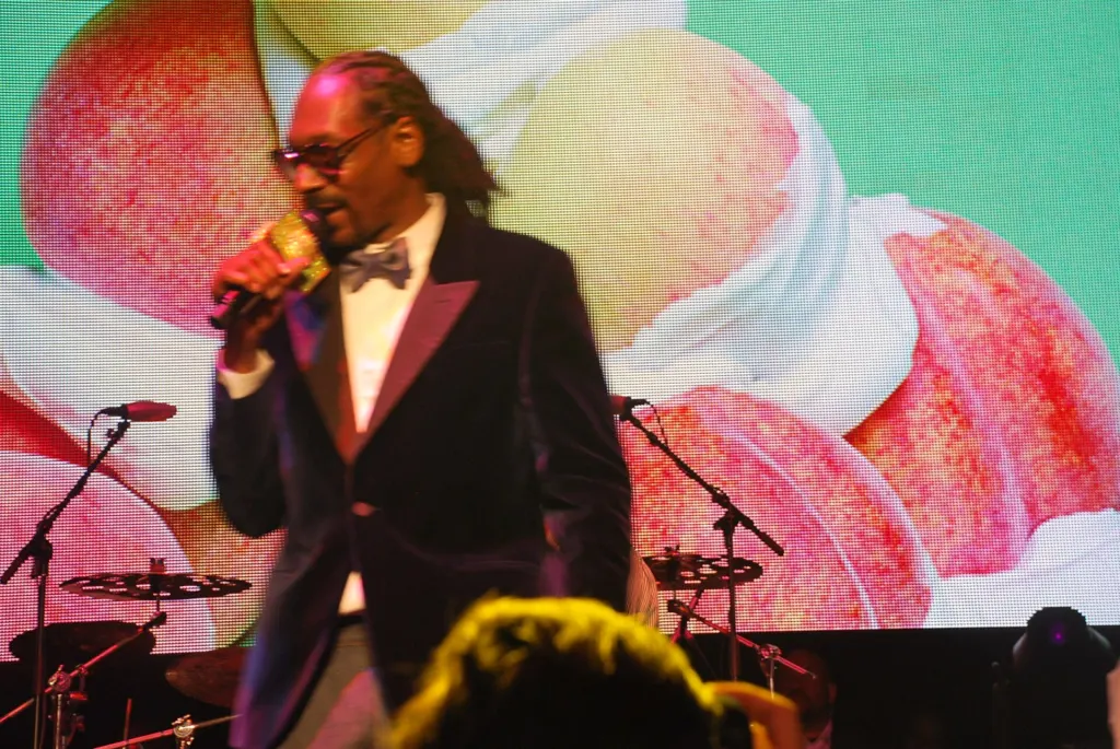 Snoop Dogg in a dark velvet tuxedo jacket and bow tie sings into a gold microphone on stage at a pre-Grammy party at the Hollywood Palladium in February 2015