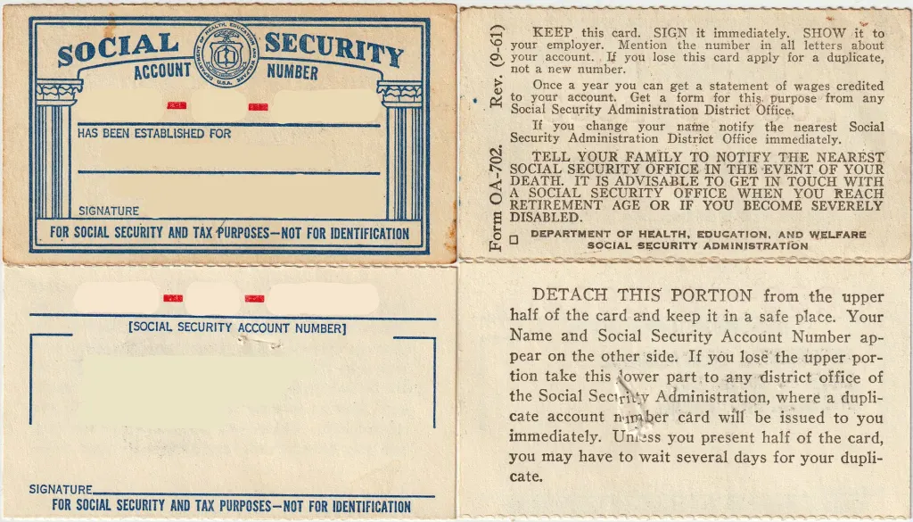 Social Security card, front and back, top and bottom, Form OA-702. Rev. (9-61)