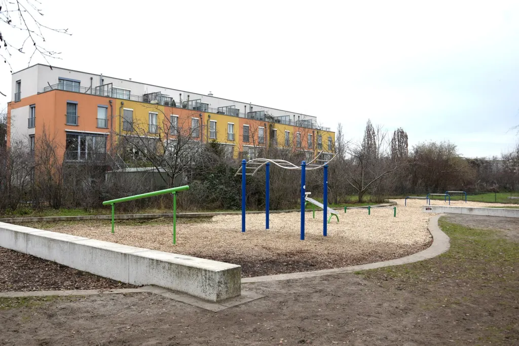 An empty outdoor workout area with blue pull-up bars, a monkey bar and a green dip bar on a woodchip surface in a park