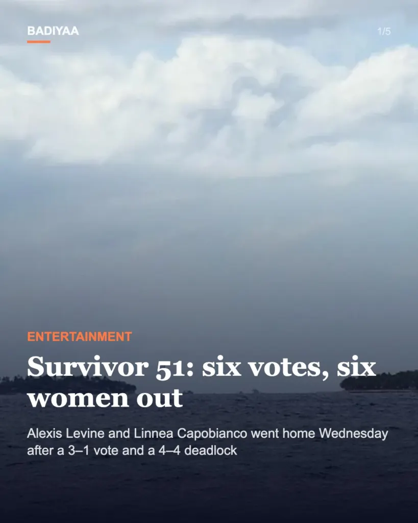 Slide 1 of 5: Survivor 51 on CBS sends Alexis Levine and Linnea Capobianco home, making it six women in six votes