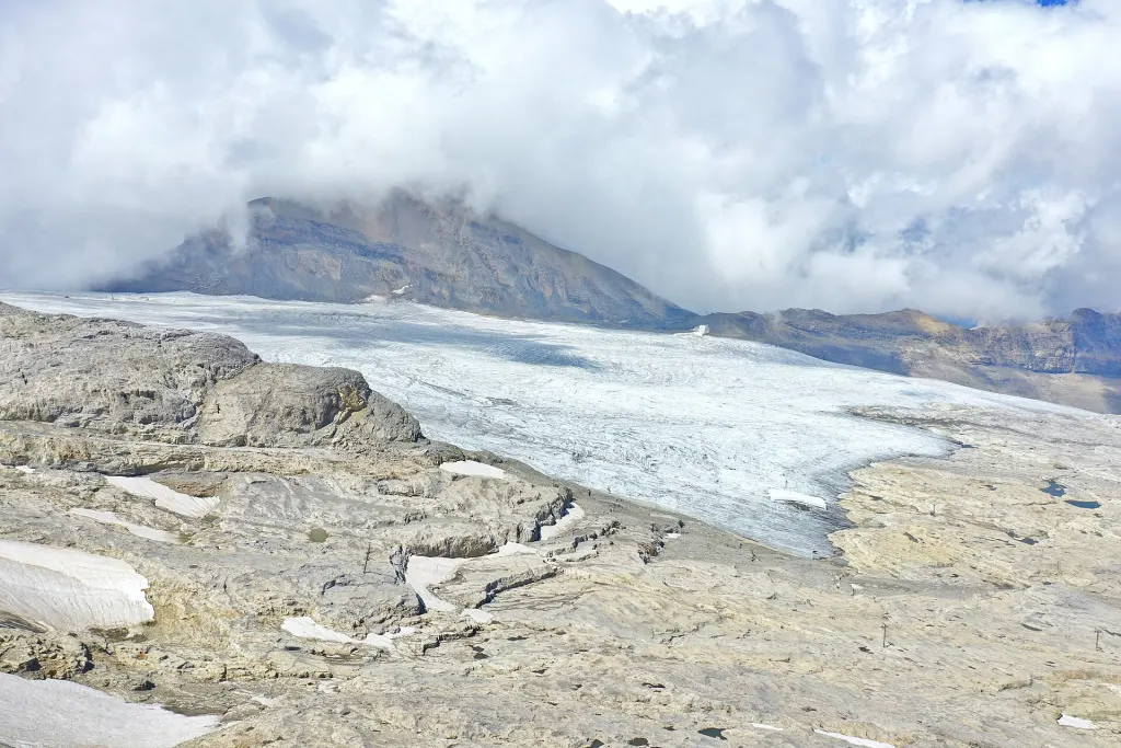The Tsanfleuron Glacier and its rocky proglacial margin in the Swiss Alps, seen from the Tour Saint-Martin