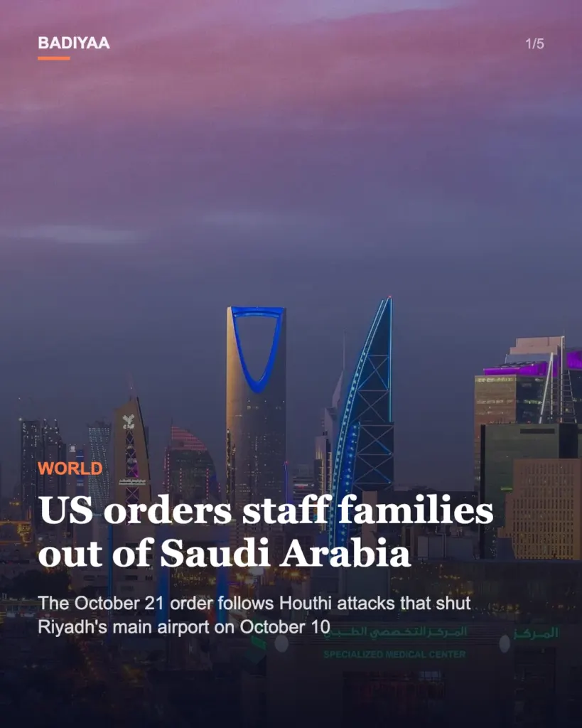 Slide 1 of 5: US orders non-emergency staff and families out of Saudi Arabia as Houthi attacks hit airports