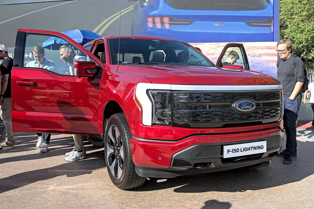 A Ford F-150 Lightning electric pickup truck