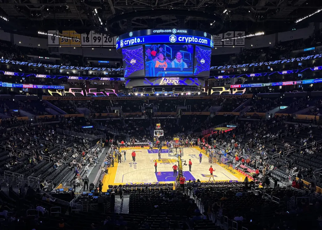 Interior of Crypto.com Arena in Los Angeles with the court and filling stands before a Lakers game in November 2022