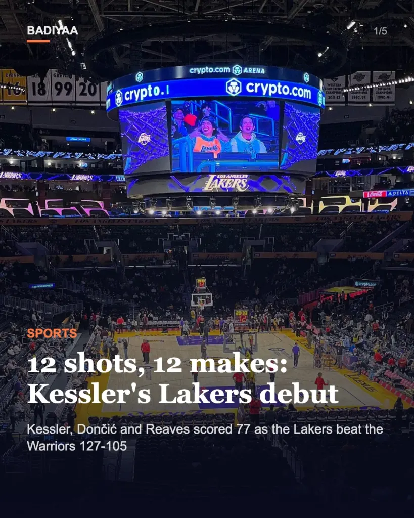 Slide 1 of 5: Walker Kessler goes 12-for-12 in his Lakers debut as Los Angeles routs Golden State 127-105